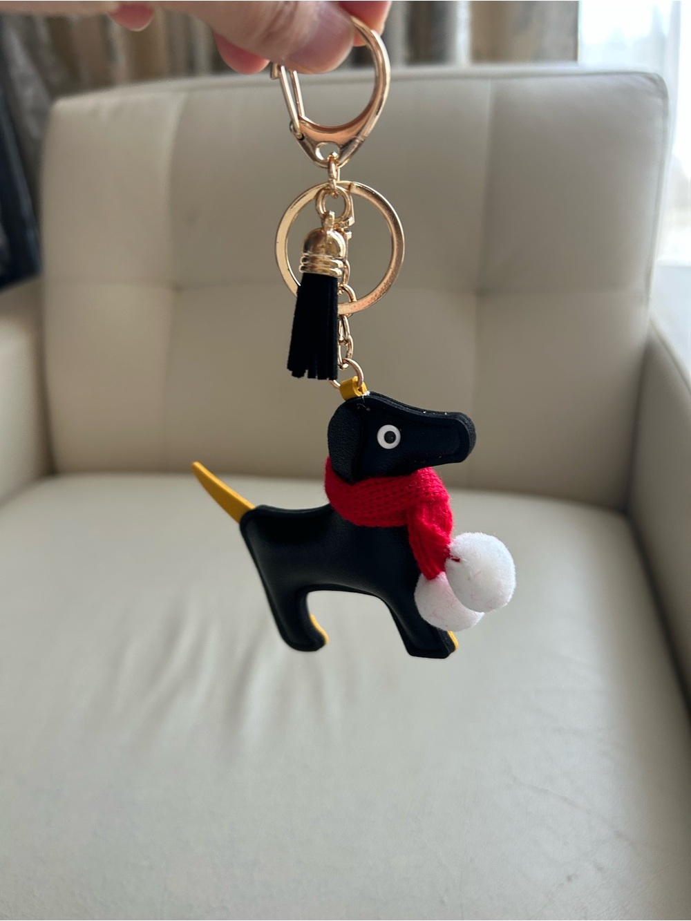 Black Dachshund Dog bag charm with Red Scarf and White Pom-Poms